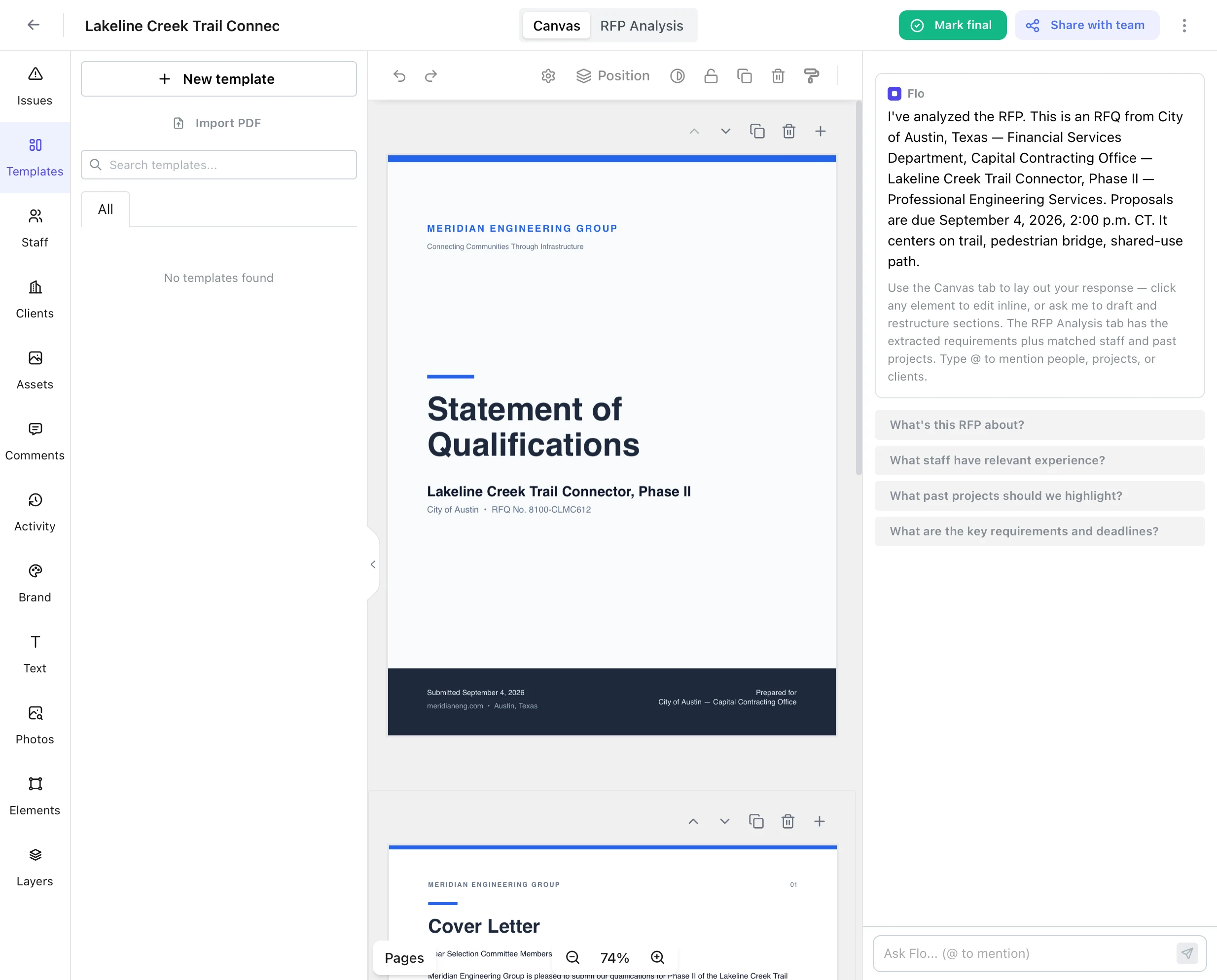 Flodoc canvas editor with a designed SOQ cover page and the Flo AI assistant summarizing the RFP