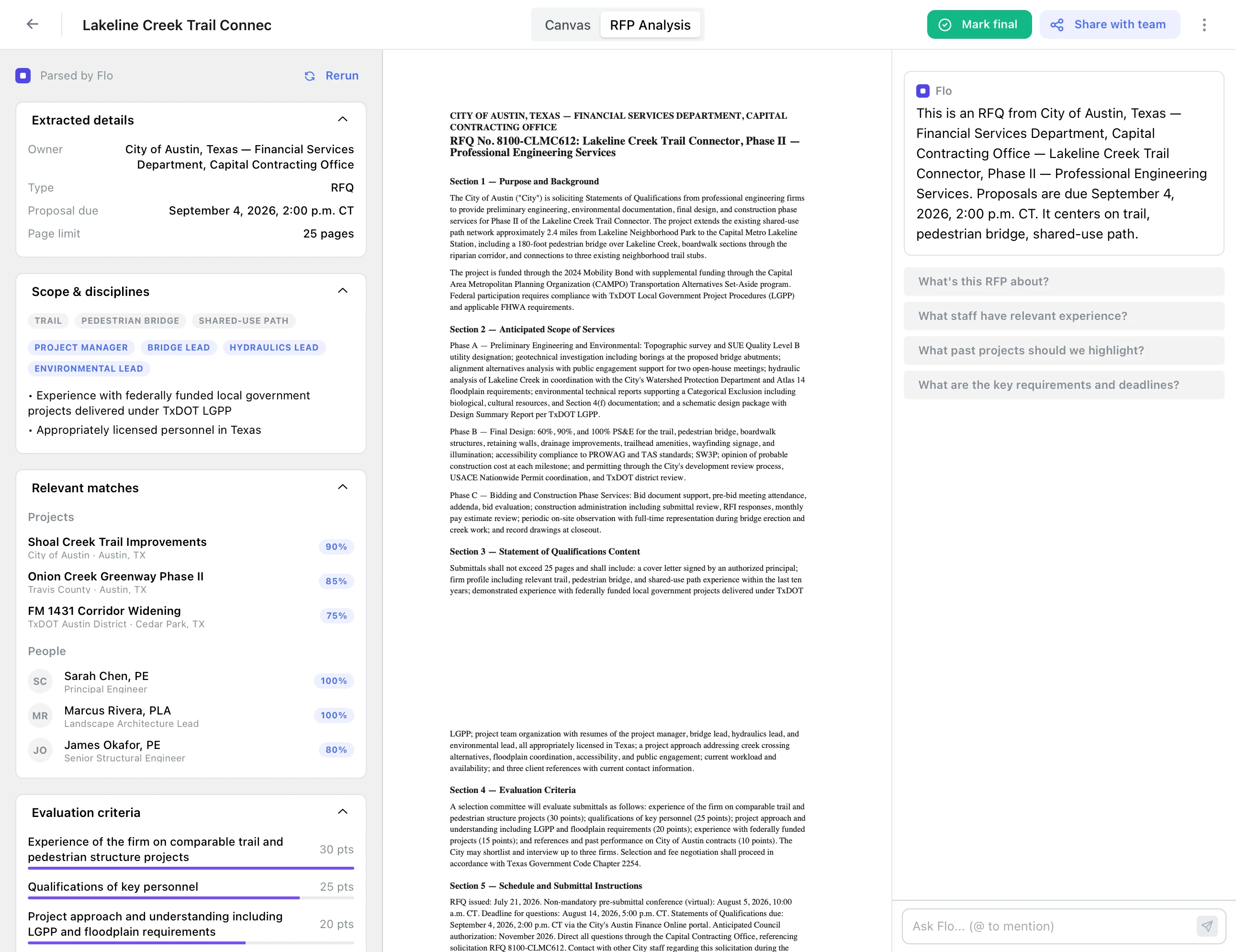 Flodoc RFP analysis showing extracted requirements, evaluation criteria, and matched staff and past projects